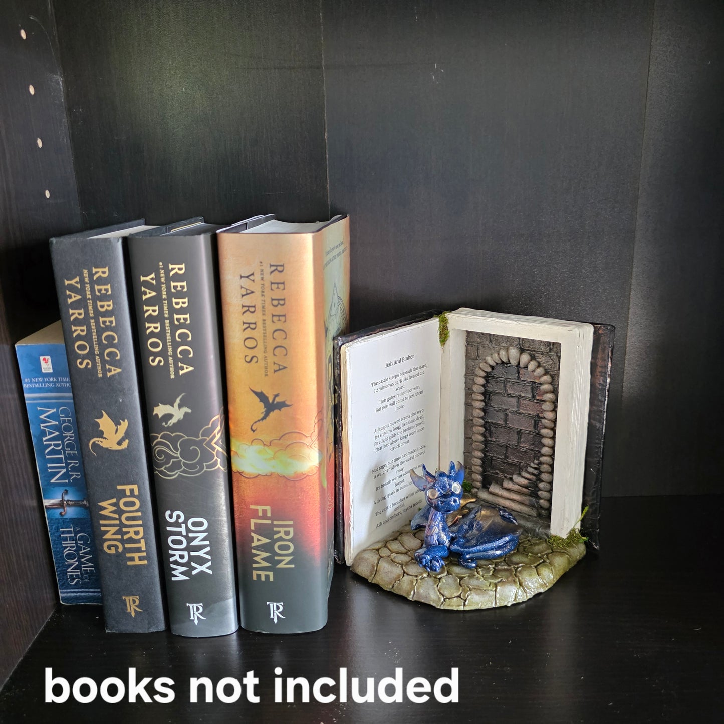 Book nook with dragon on bookshelf with text books not included