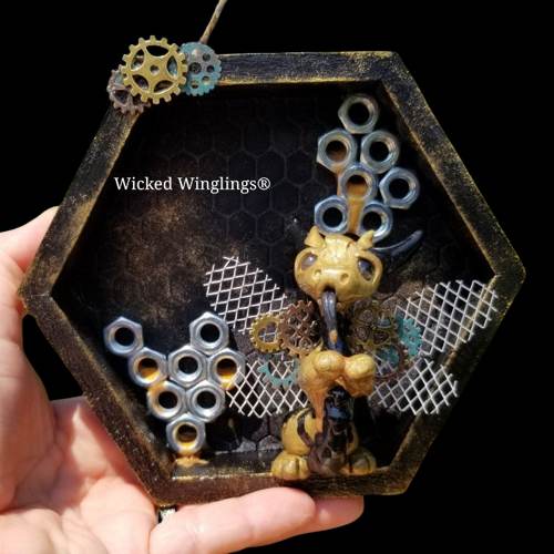 Steampunk bee dragon in hexagon shadowbox