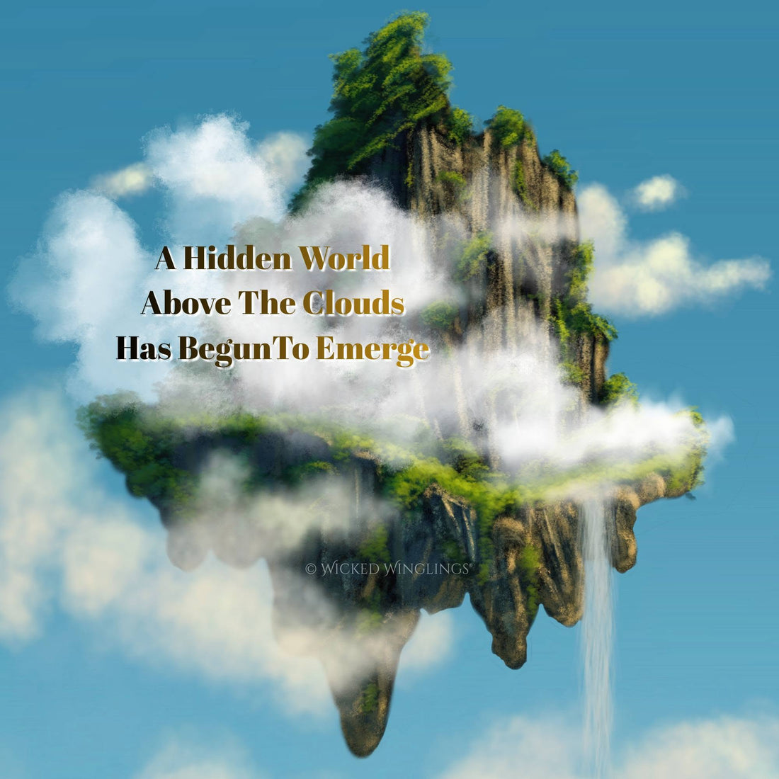 A picture of a floating island surrounded by clouds with the text "A hidden world above the clouds has begun to emerge"