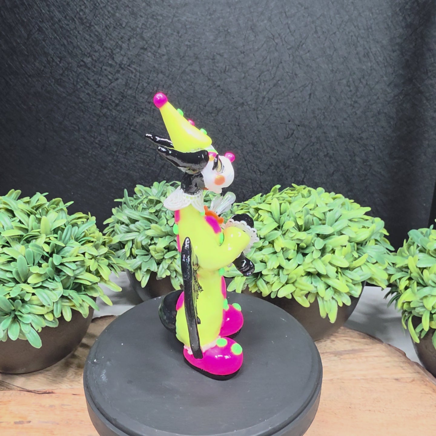 A video of a clown dragon on wood surface with greenery