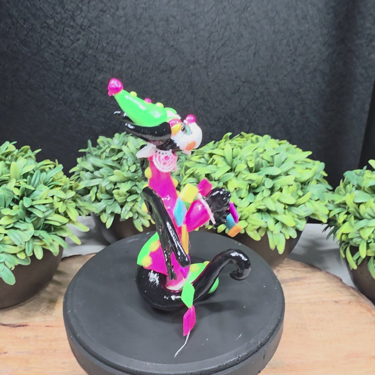 A video of a clown dragon on wood surface with greenery