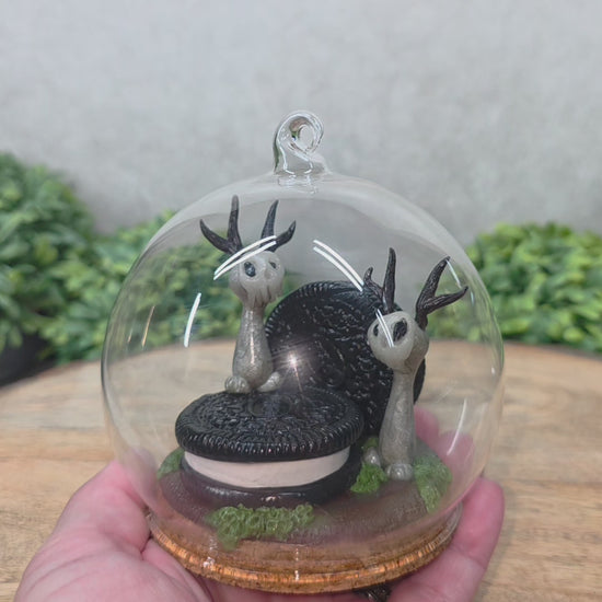 Video of two Skullee-Wagz with cookies in a  glass dome set on a wood surface with greenery. Text reads Skullee-Wagz #368