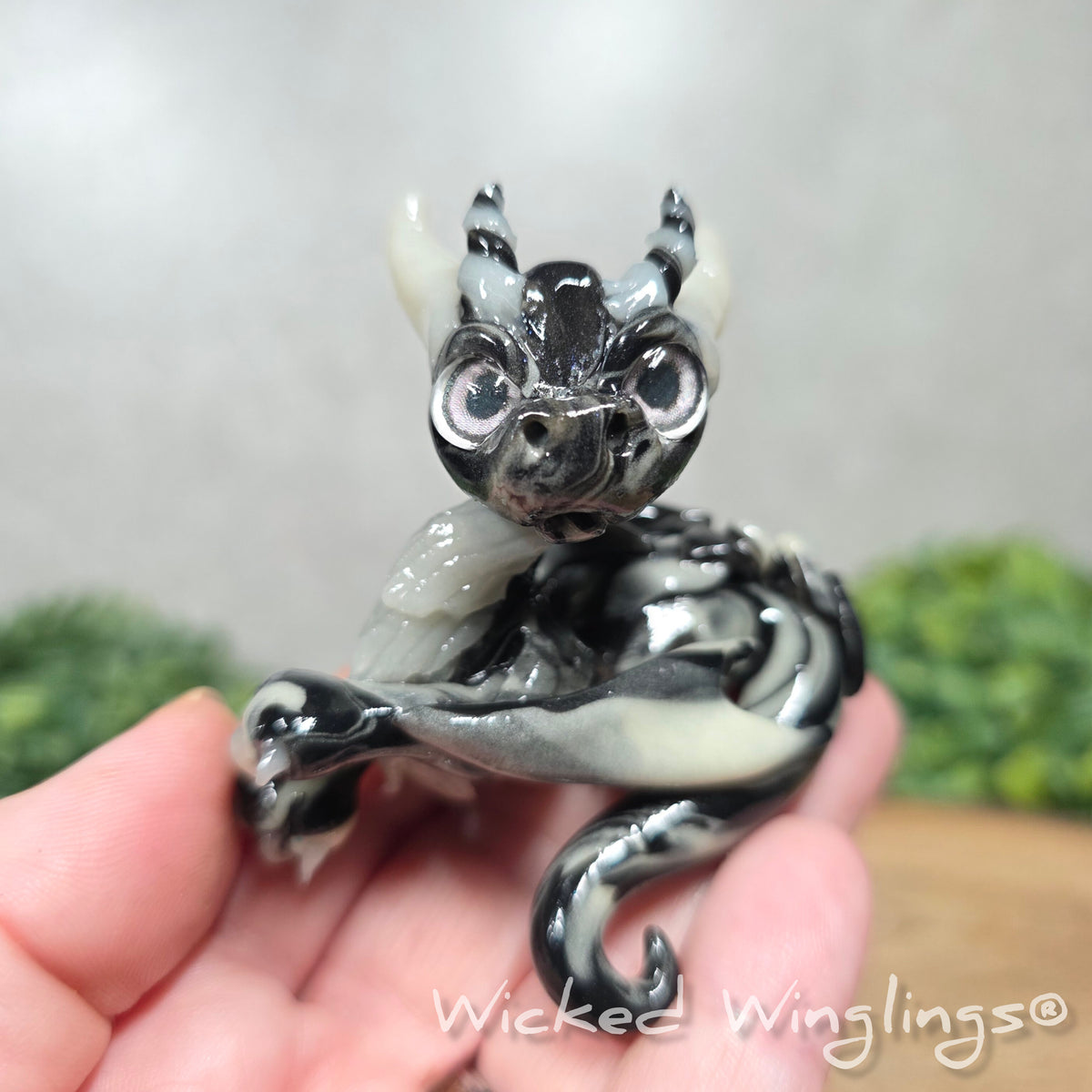 A hand holding a black and white marbled clay dragon in a wood stump against a blurred background with greenery. Text says Wicked Winglings