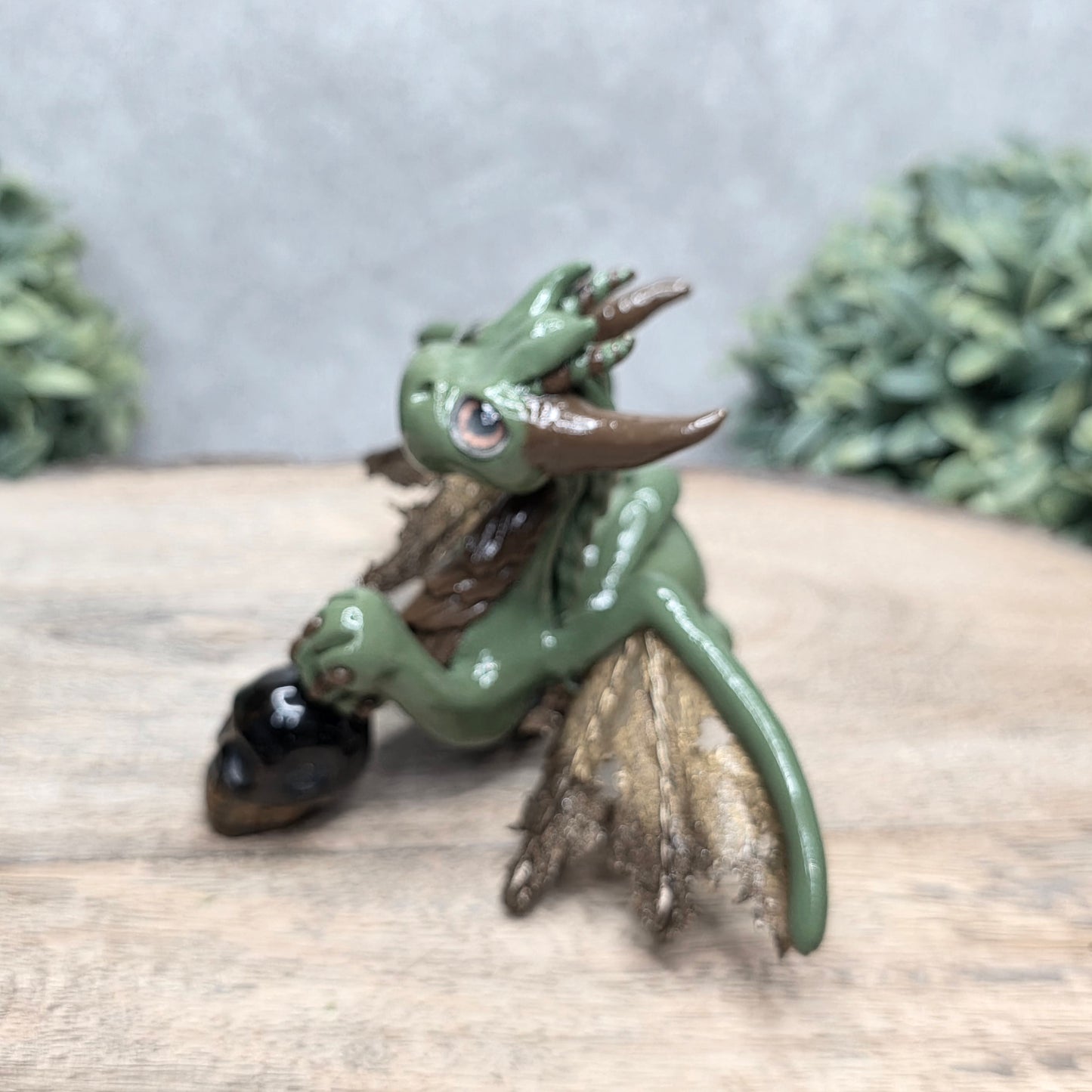 Side view of a clay dragon with a tigers eye crystal skull against a wood surface with greenery.