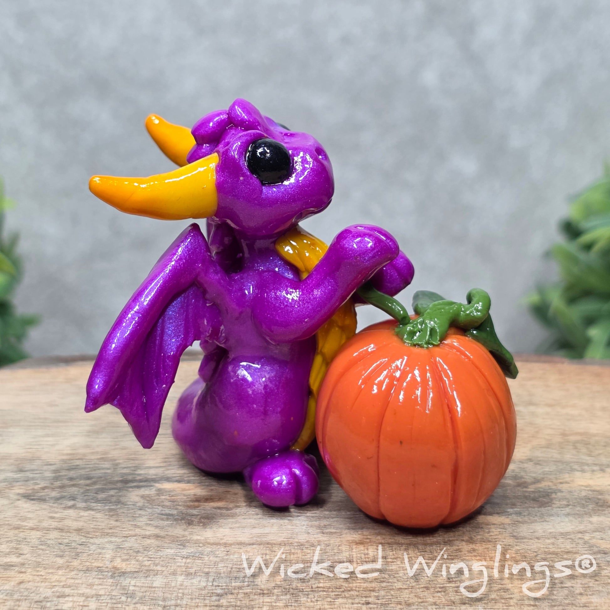 A baby clay dragon sculpture with a pumpkin against a wood background with greenery and text Wicked Winglings