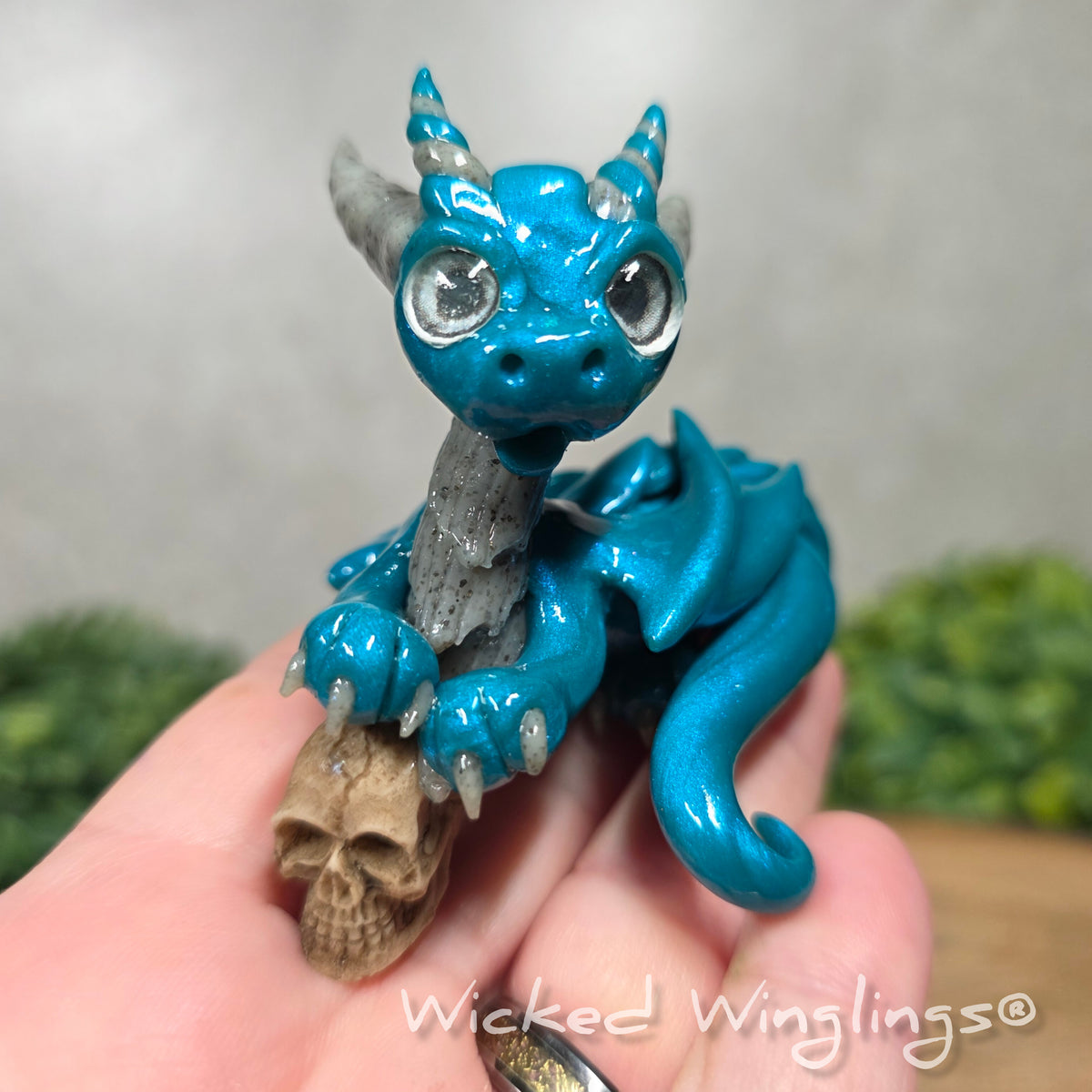  A hand holding a clay dragon holding a skull sitting against a blurred background with greenery. Text says Wicked Winglings.