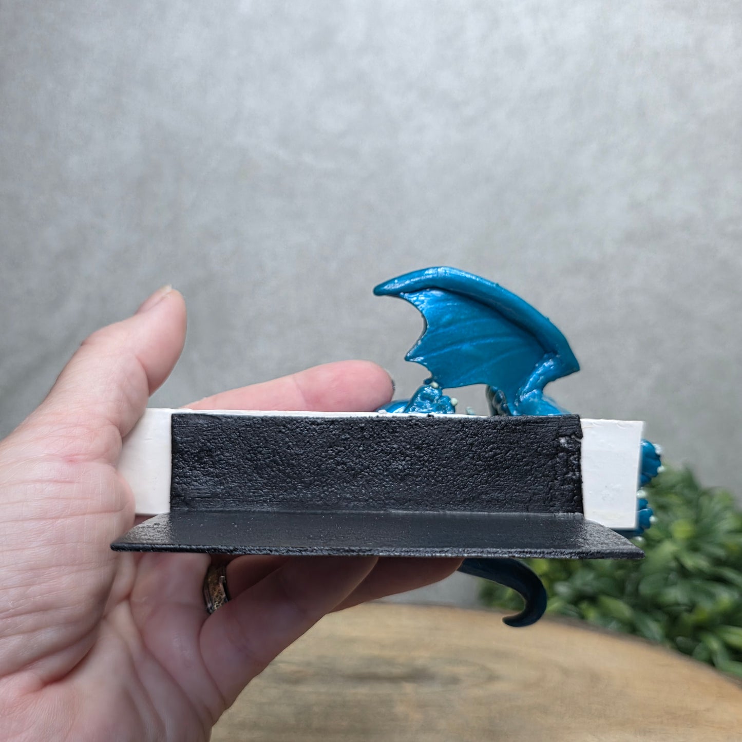 Hand holding a dragon book insert against a background with greenery