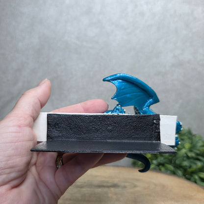 Hand holding a dragon book insert against a background with greenery