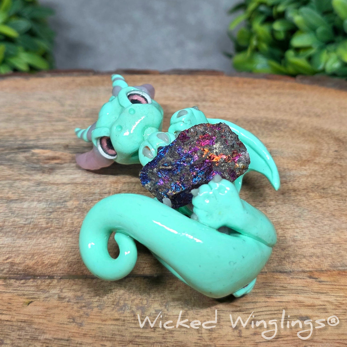 A mint clay dragon holding a rainbow colored stone against a blurred background with greenery. Text says Wicked Winglinng.