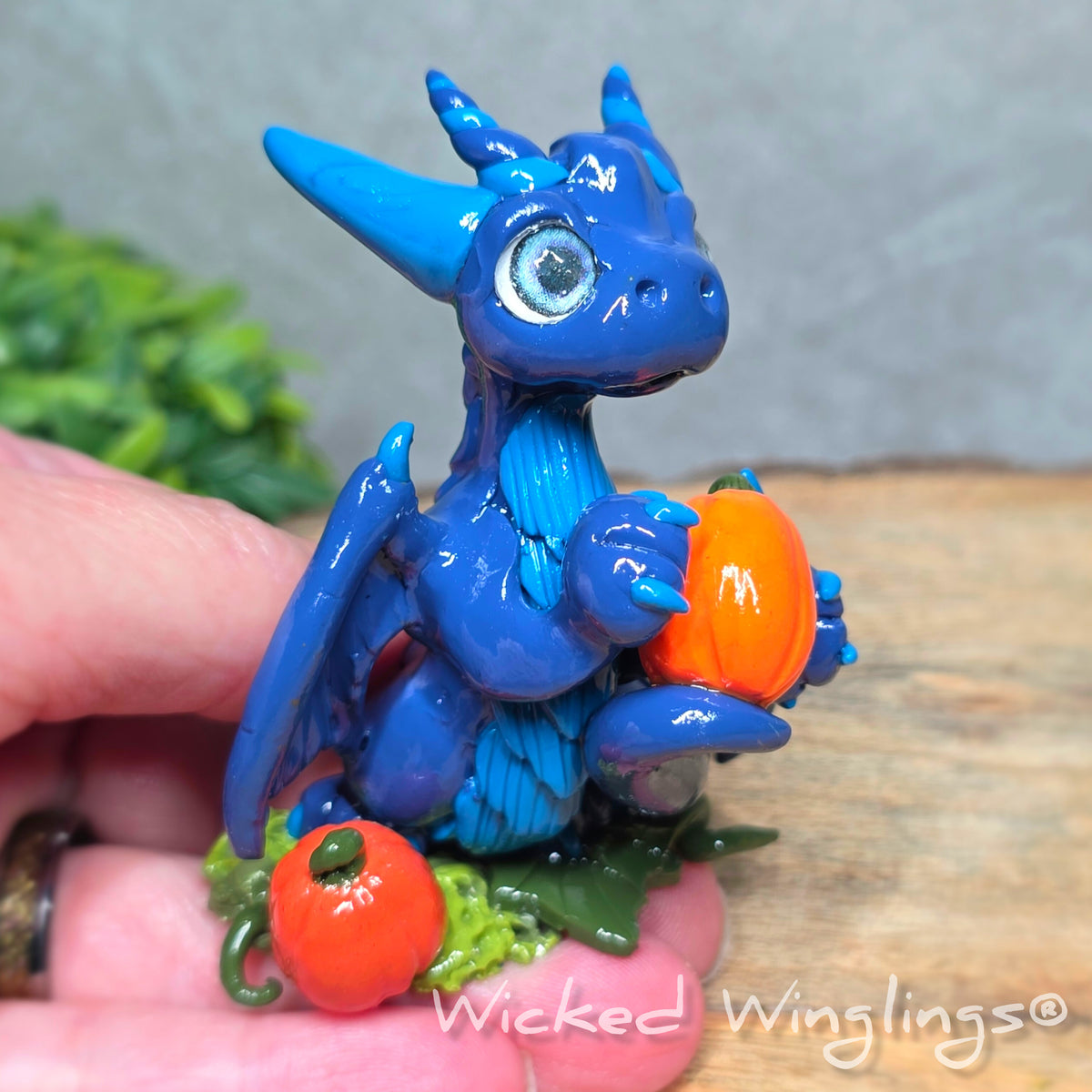 A hand holding a blue clay dragon with pumpkins against a wood surface with greenery. Text reads Wicked Winglings. 