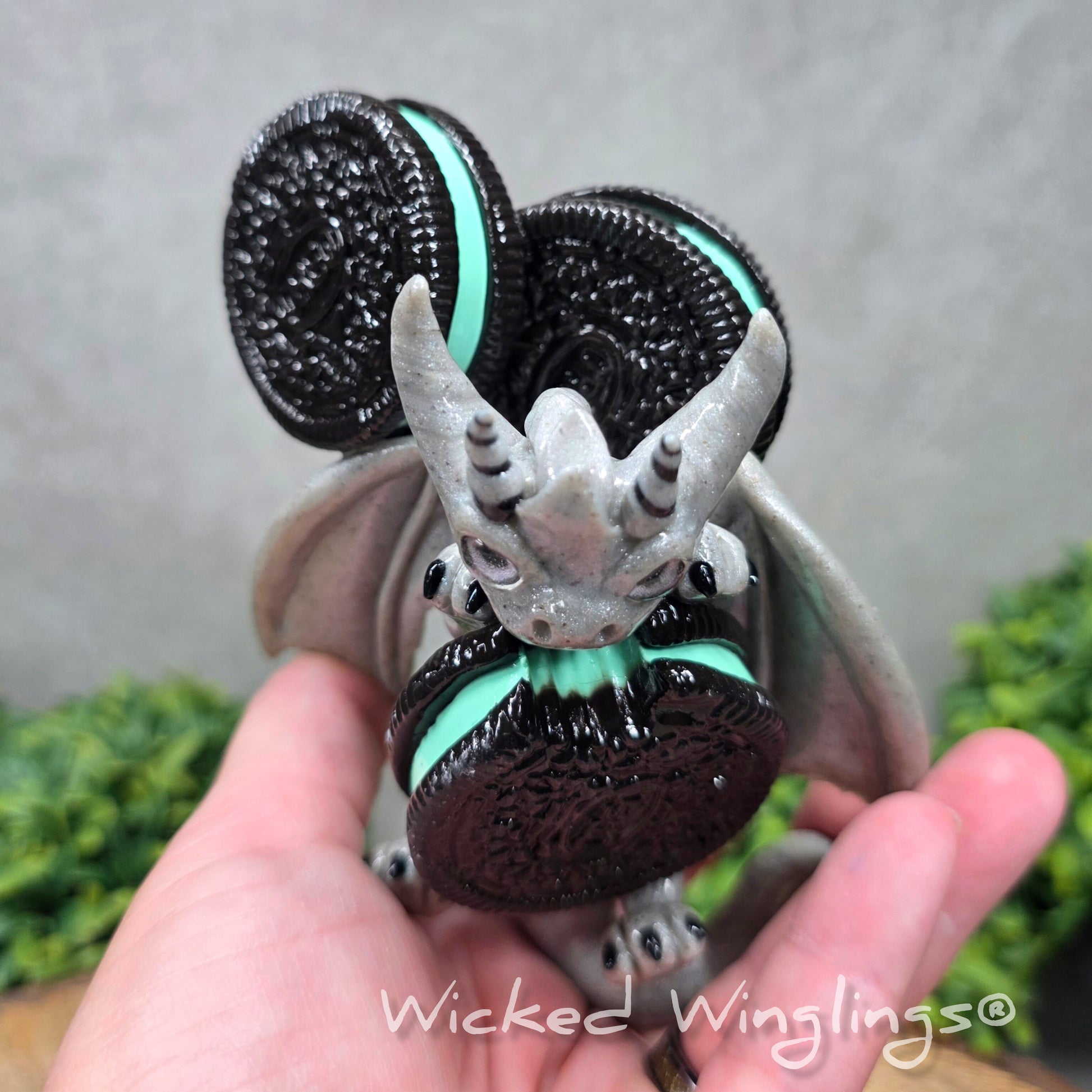 Top view of A hand holding a clay dragon with cookies with a Wicked Winglings® watermark.
