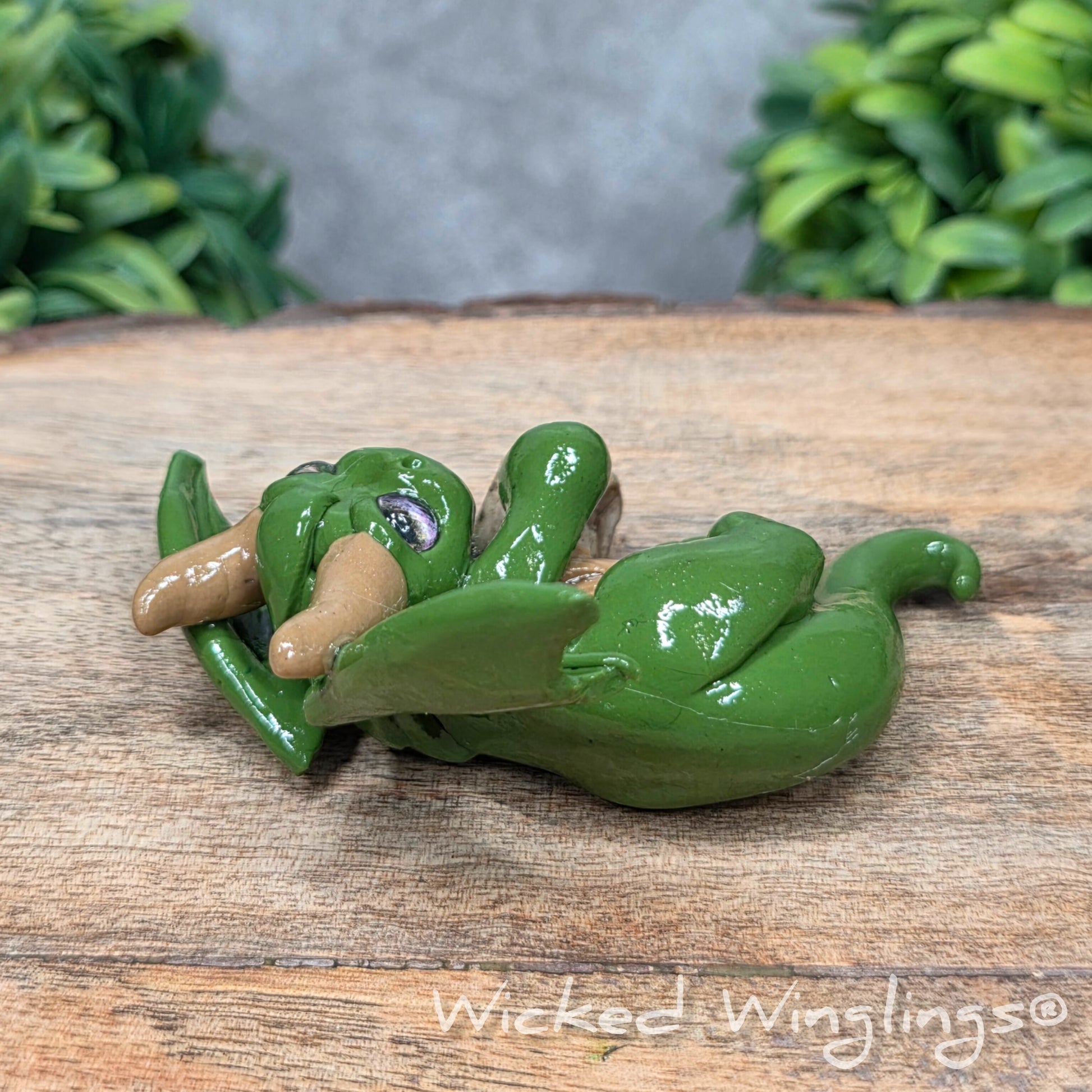 A clay dragon with a skull on a wood surface with greenery. Includes text Wicked Winglings