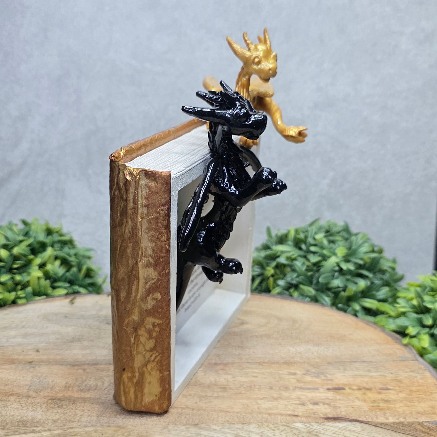 Side view of book nook with dragons