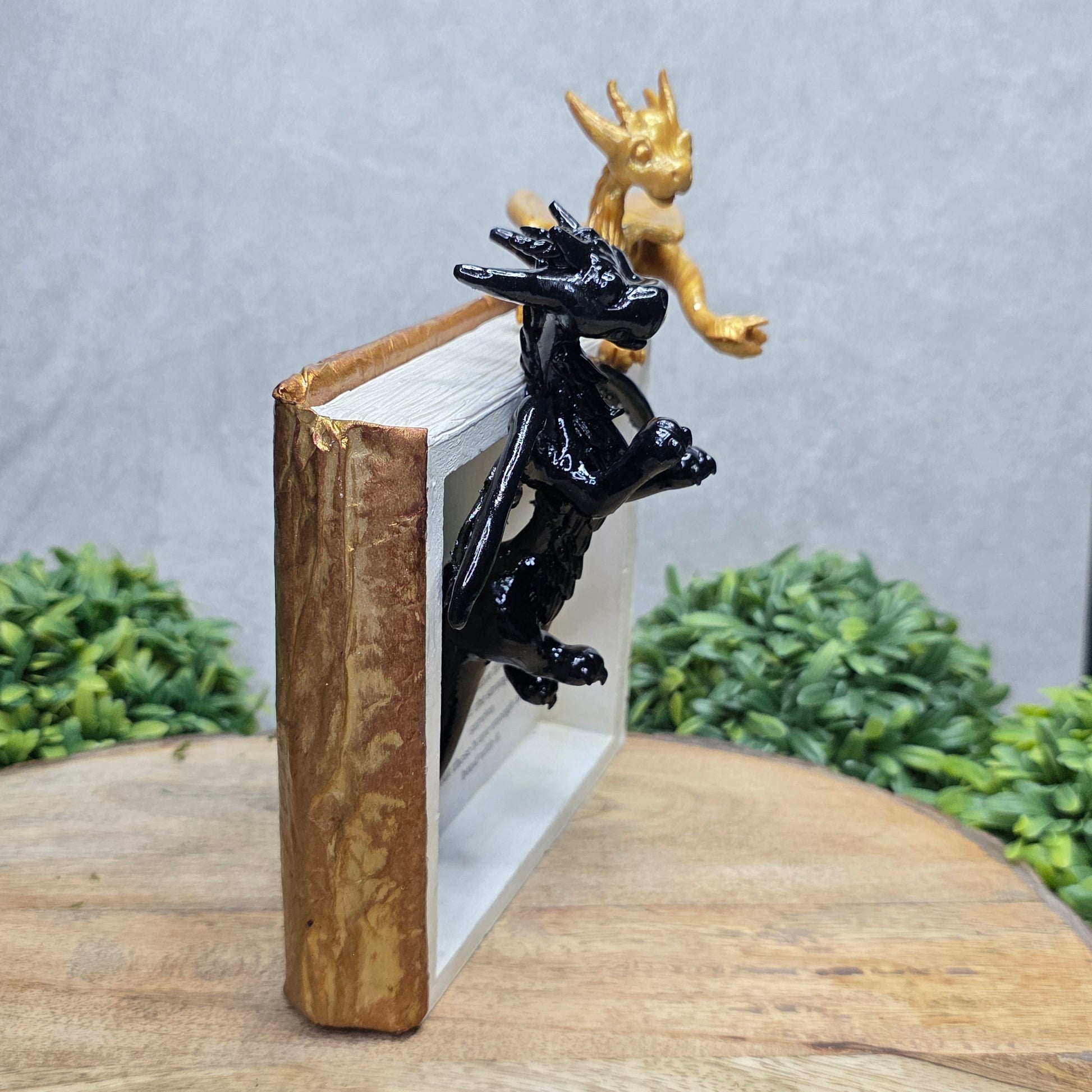 Side view of book nook with dragons