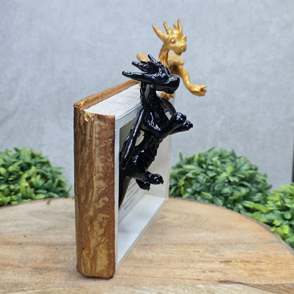 Side view of book nook with dragons