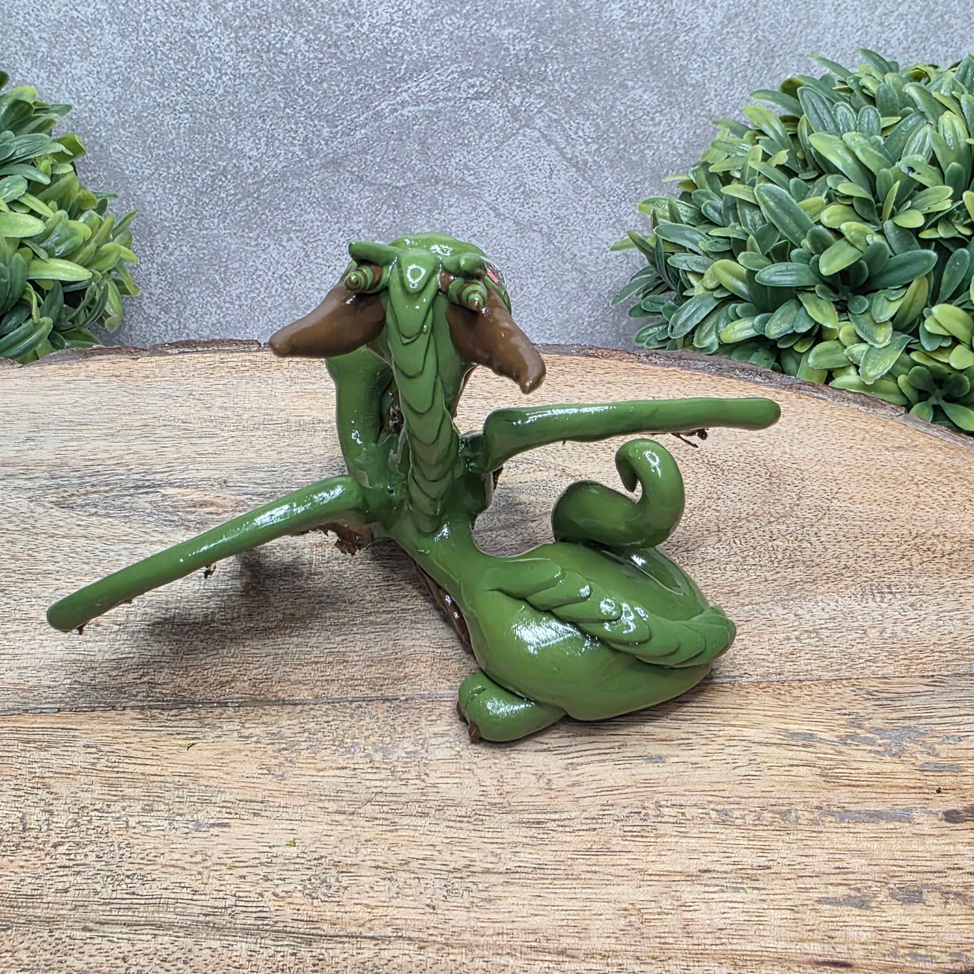 Back view of a clay dragon with a tigers eye crystal skull against a wood surface with greenery.