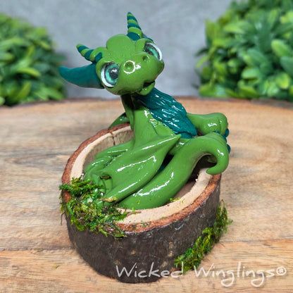 A green clay dragon in a wood stump against a blurred background with greenery. Text says Wicked Winglings