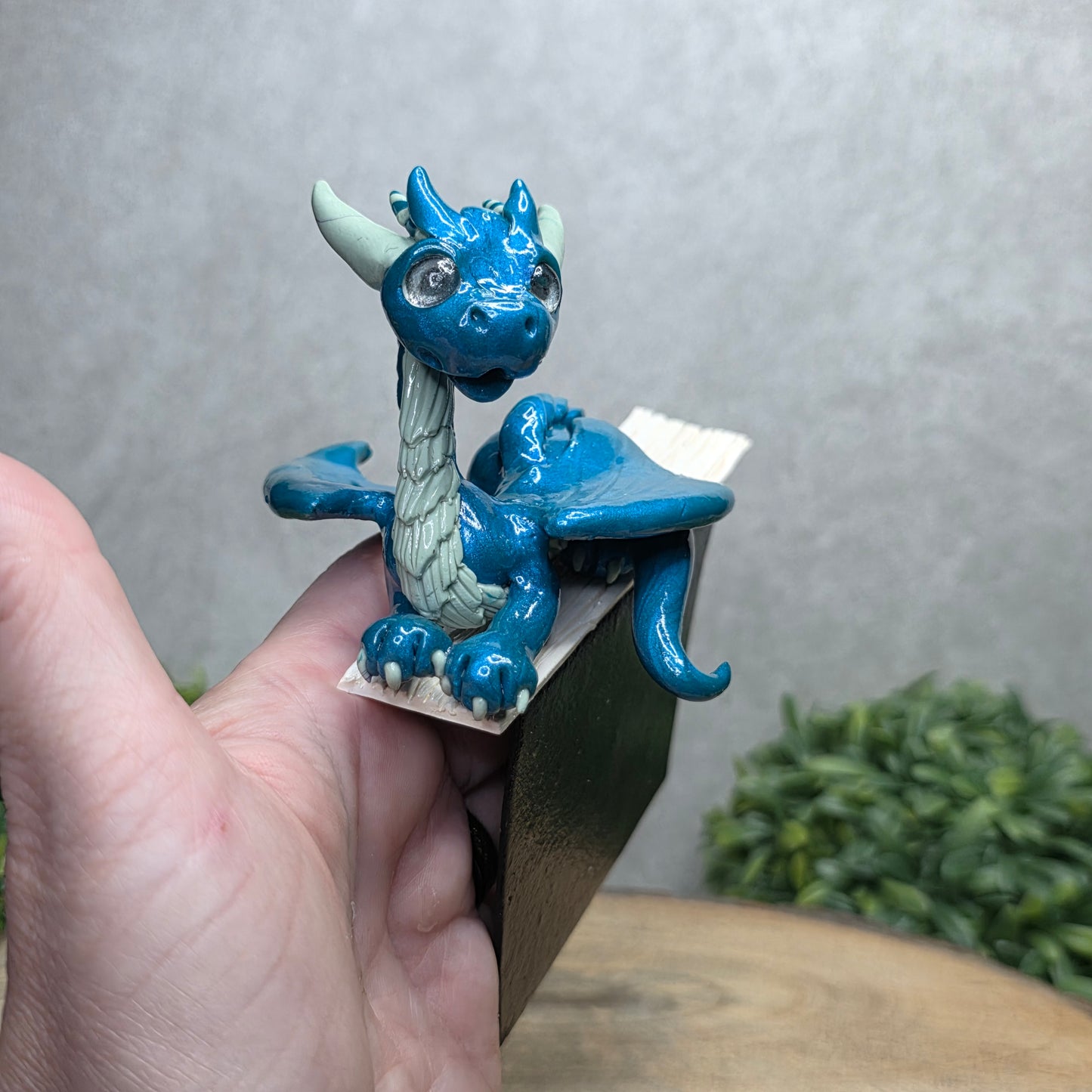 Hand holding a dragon book insert against a background with greenery