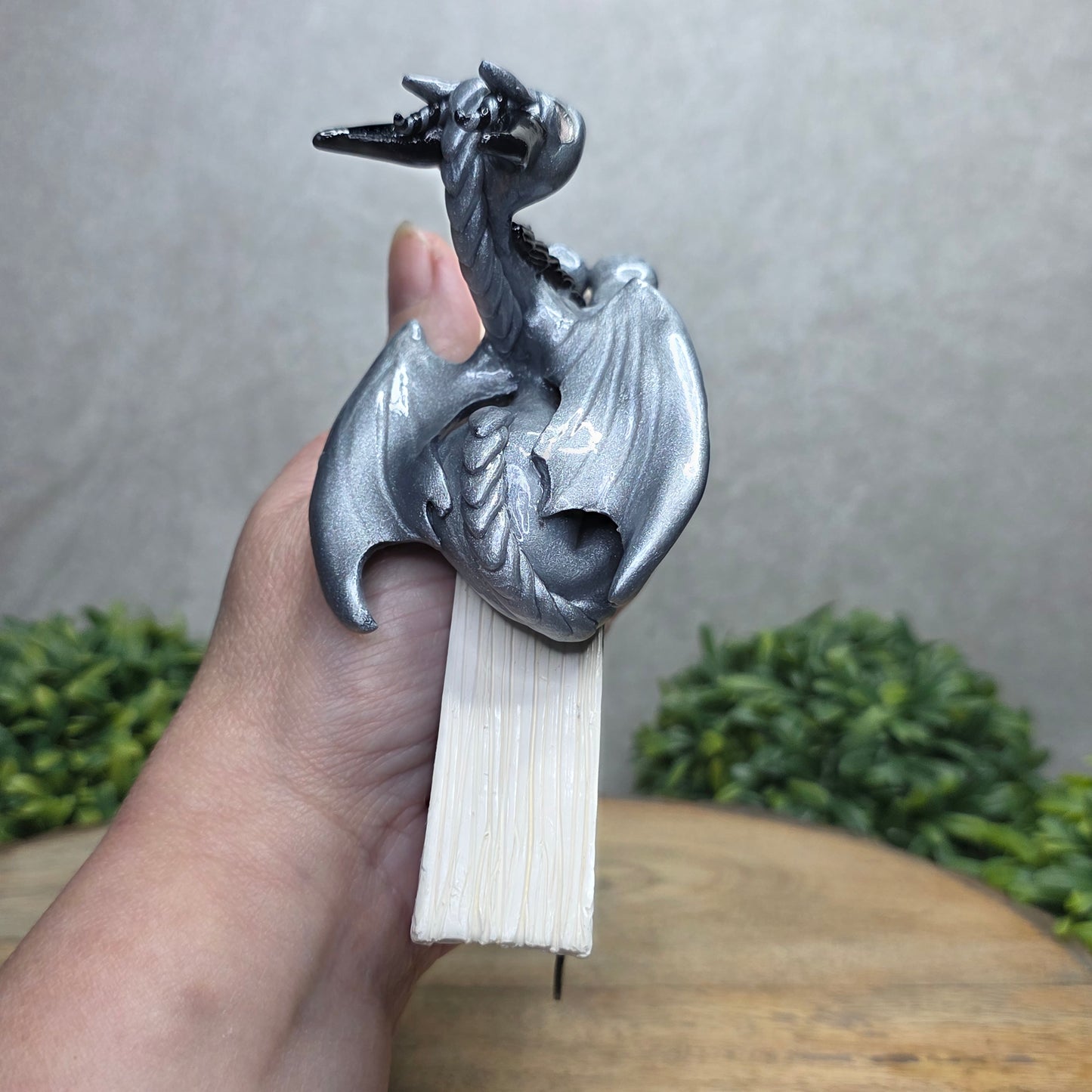 Hand holding a dragon book insert against a background with greenery