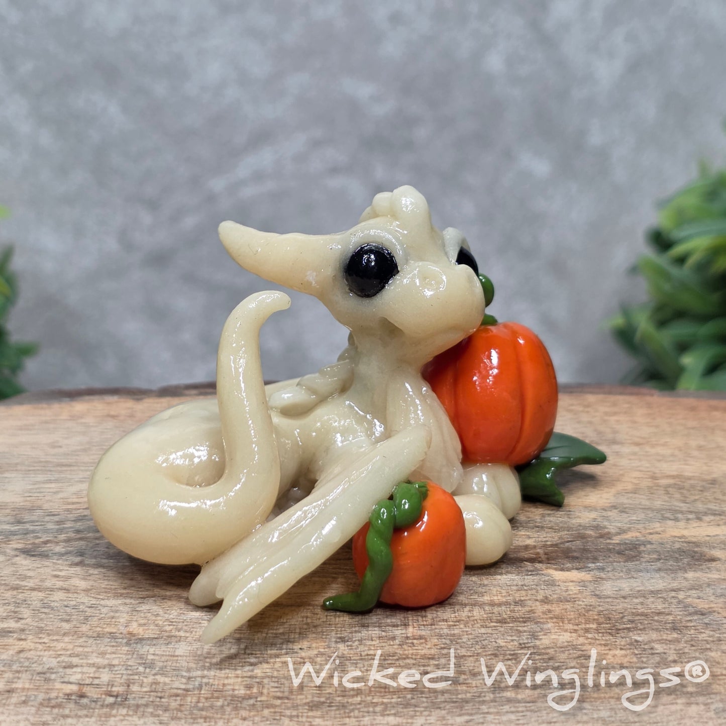 A baby clay dragon sculpture with pumpkins against a wood background with greenery and text Wicked Winglings