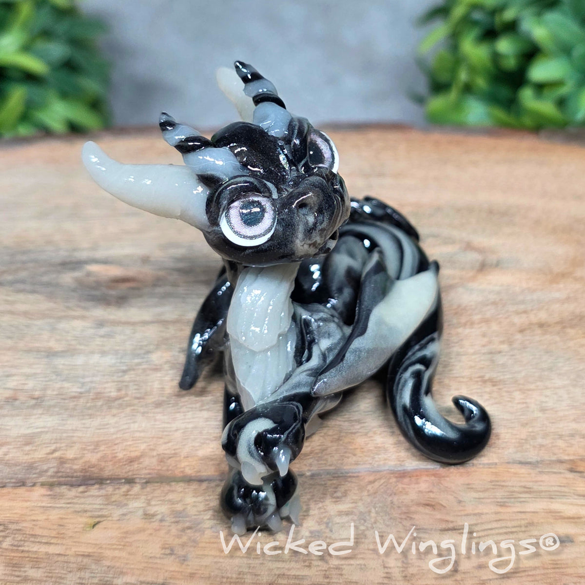 A clay dragon sitting on wood against a blurred background with greenery. Text says Wicked Winglings
