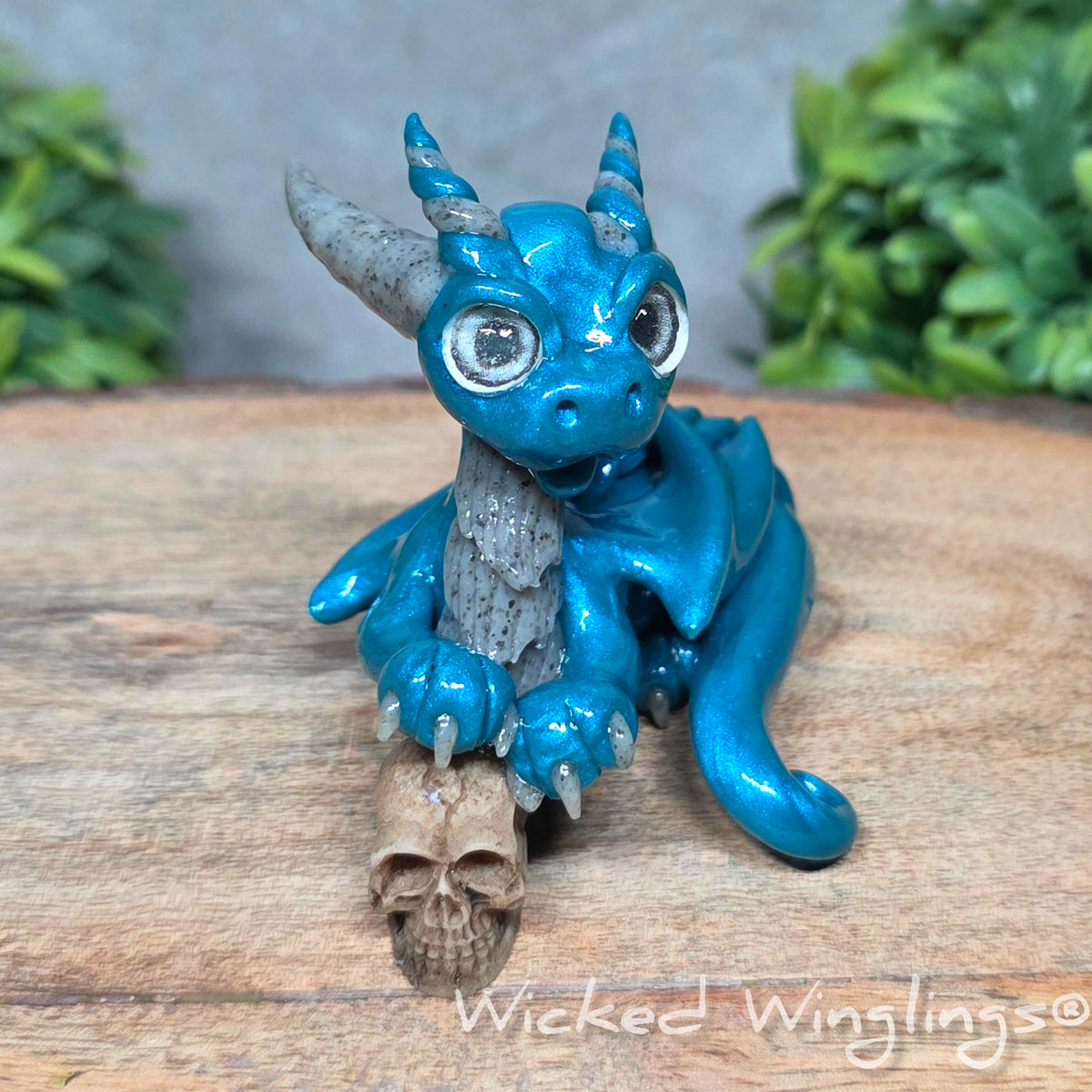  A clay dragon holding a skull sitting against a blurred background with greenery. Text says Wicked Winglings.