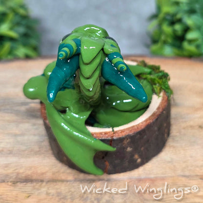 A back view of a green clay dragon in a wood stump against a blurred background with greenery. Text says Wicked Winglings
