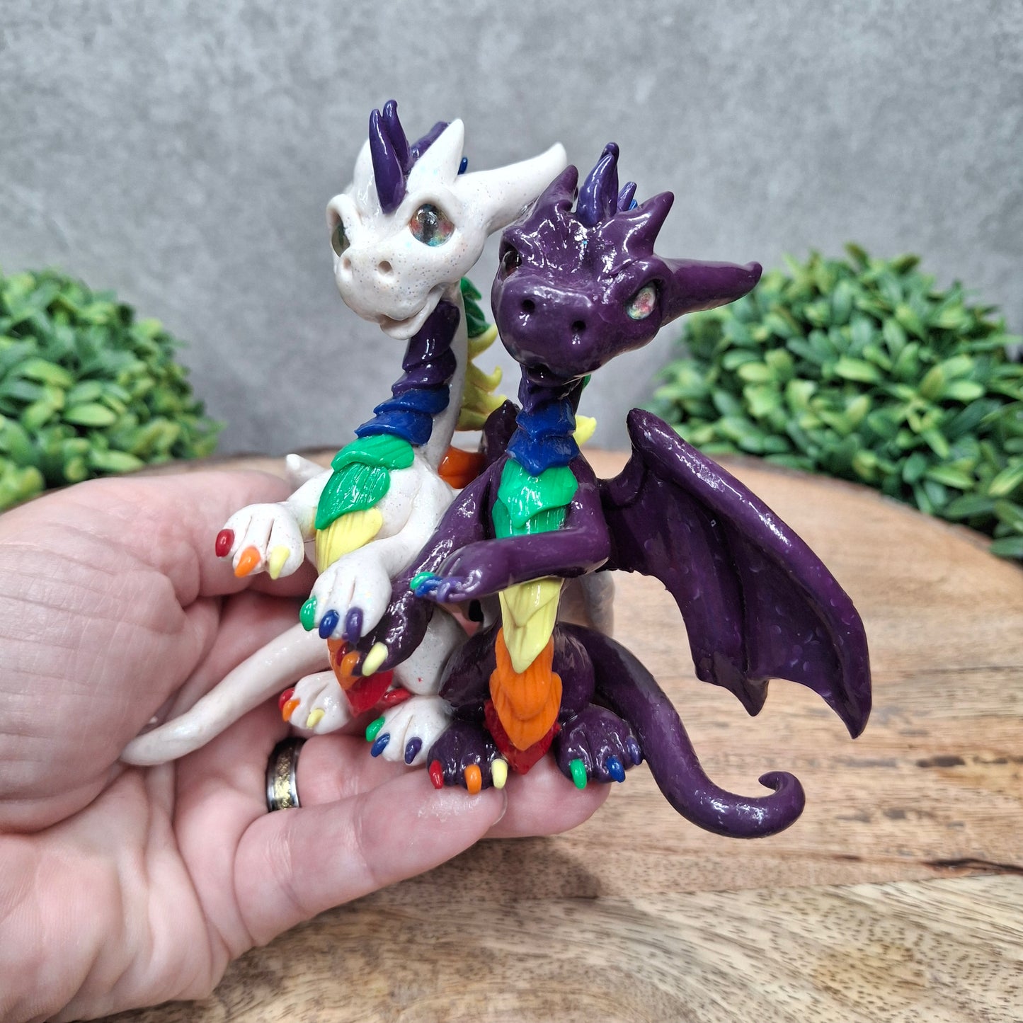a dragon pair with rainbow accents against a wood surface with greenery