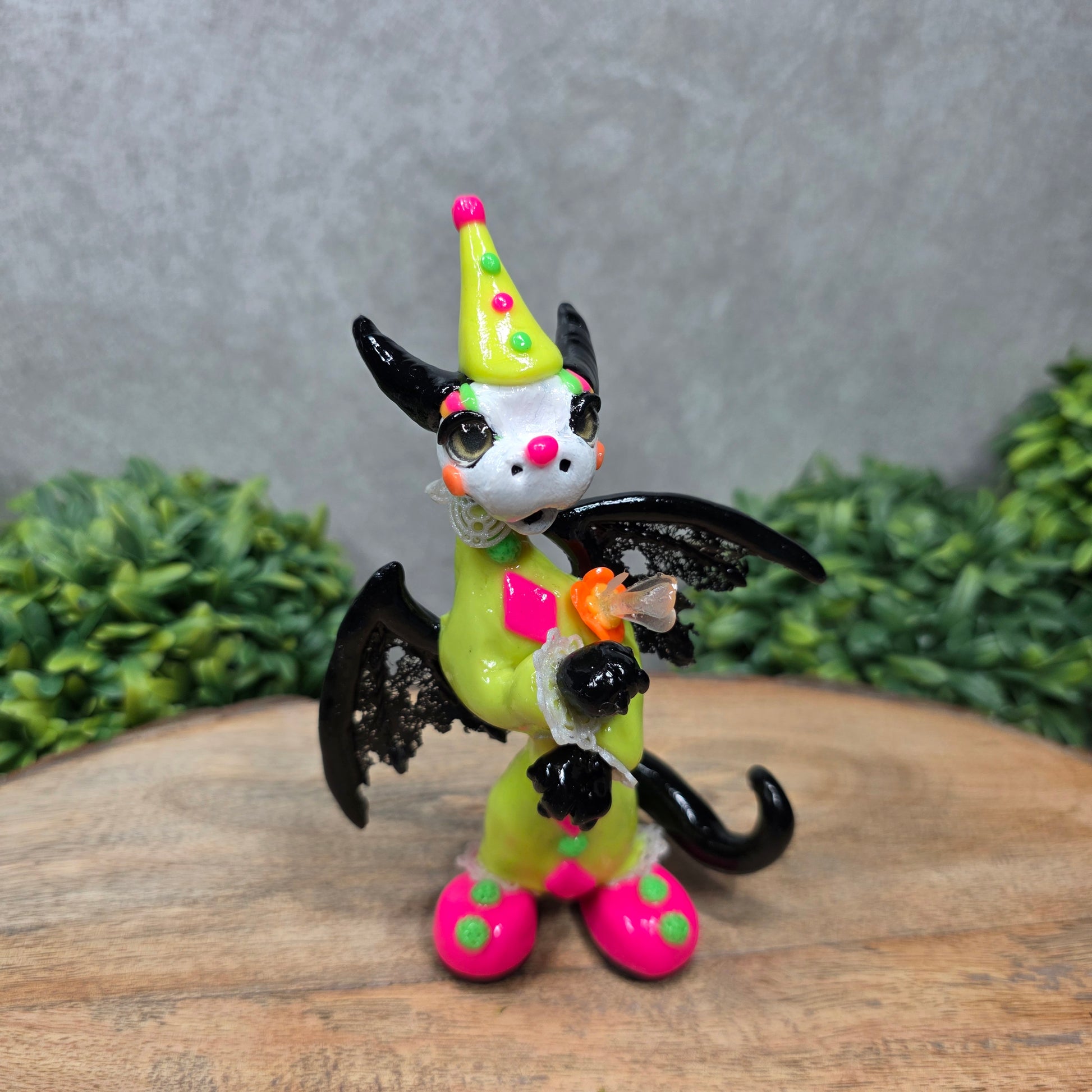 A clown dragon on wood surface with greenery