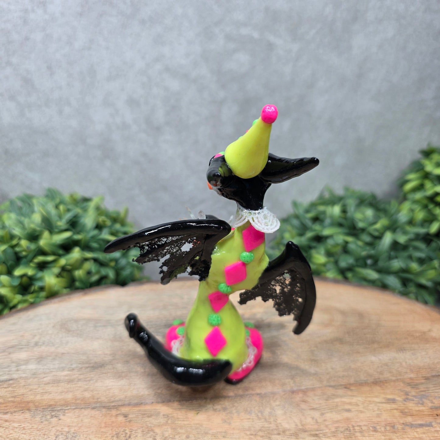 A clown dragon on wood surface with greenery