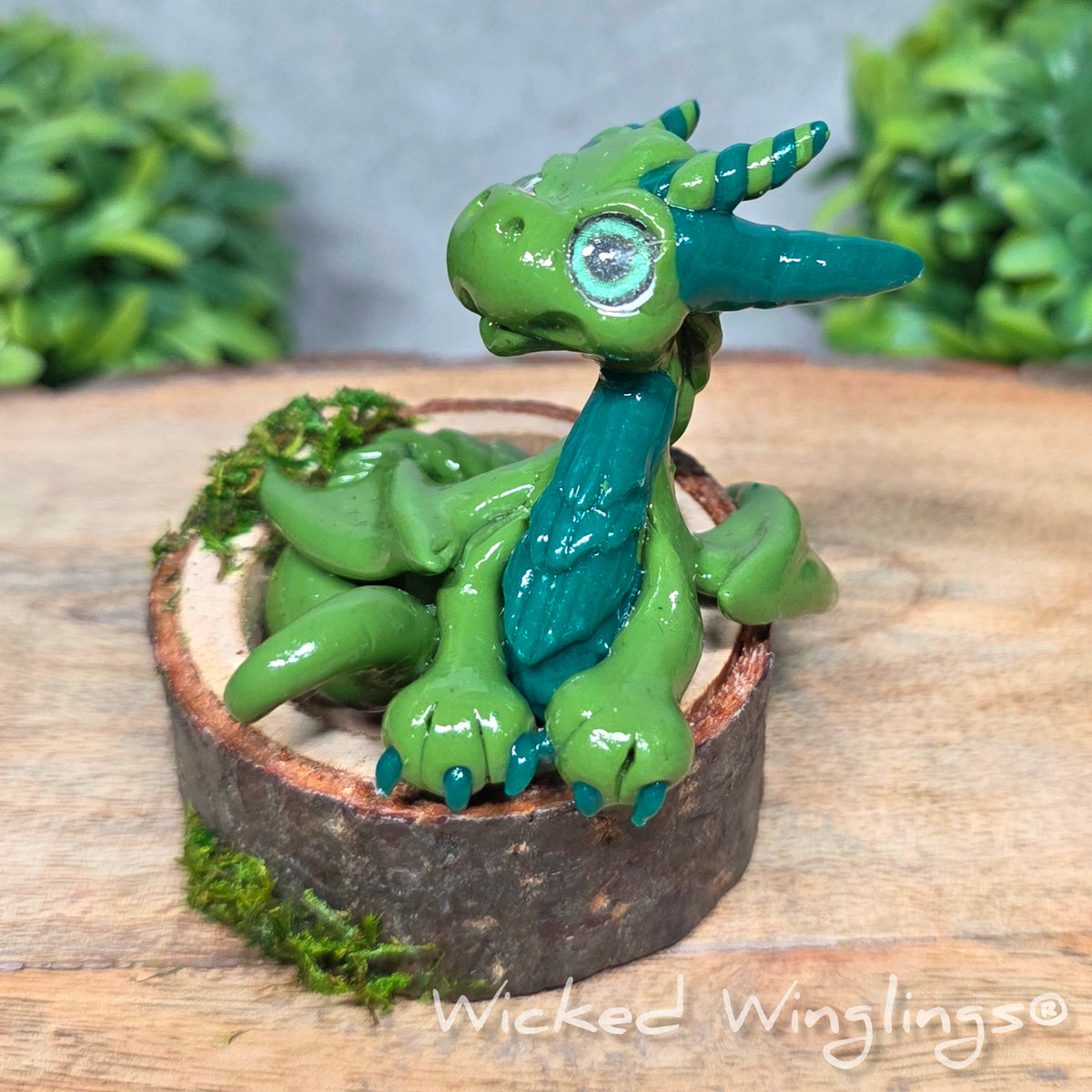 A green clay dragon in a wood stump against a blurred background with greenery. Text says Wicked Winglings