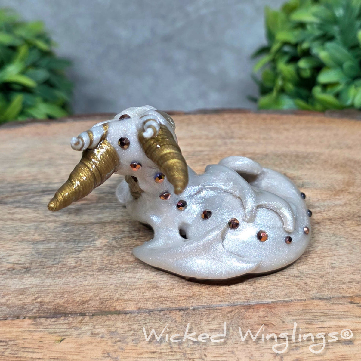  A back view of a white clay dragon sitting against a blurred background with greenery. Text says Wicked Winglinng.