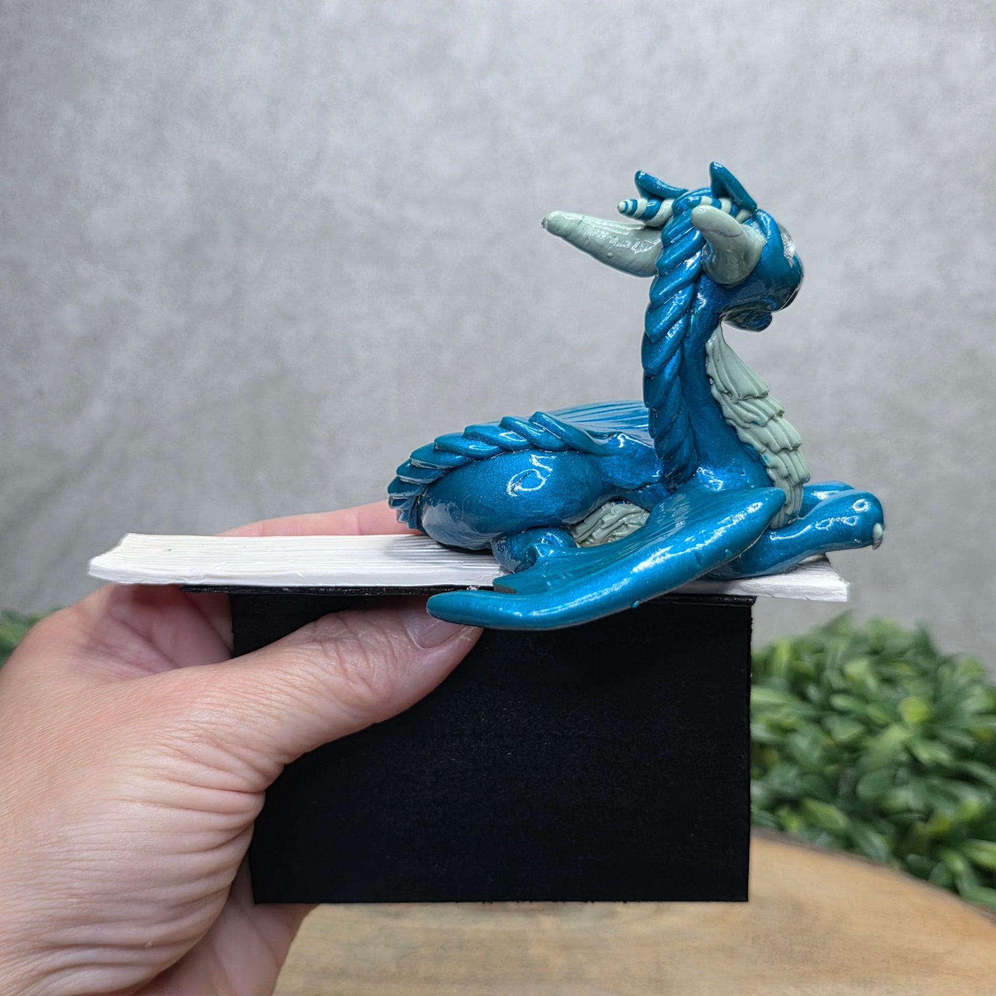 Hand holding a dragon book insert against a background with greenery