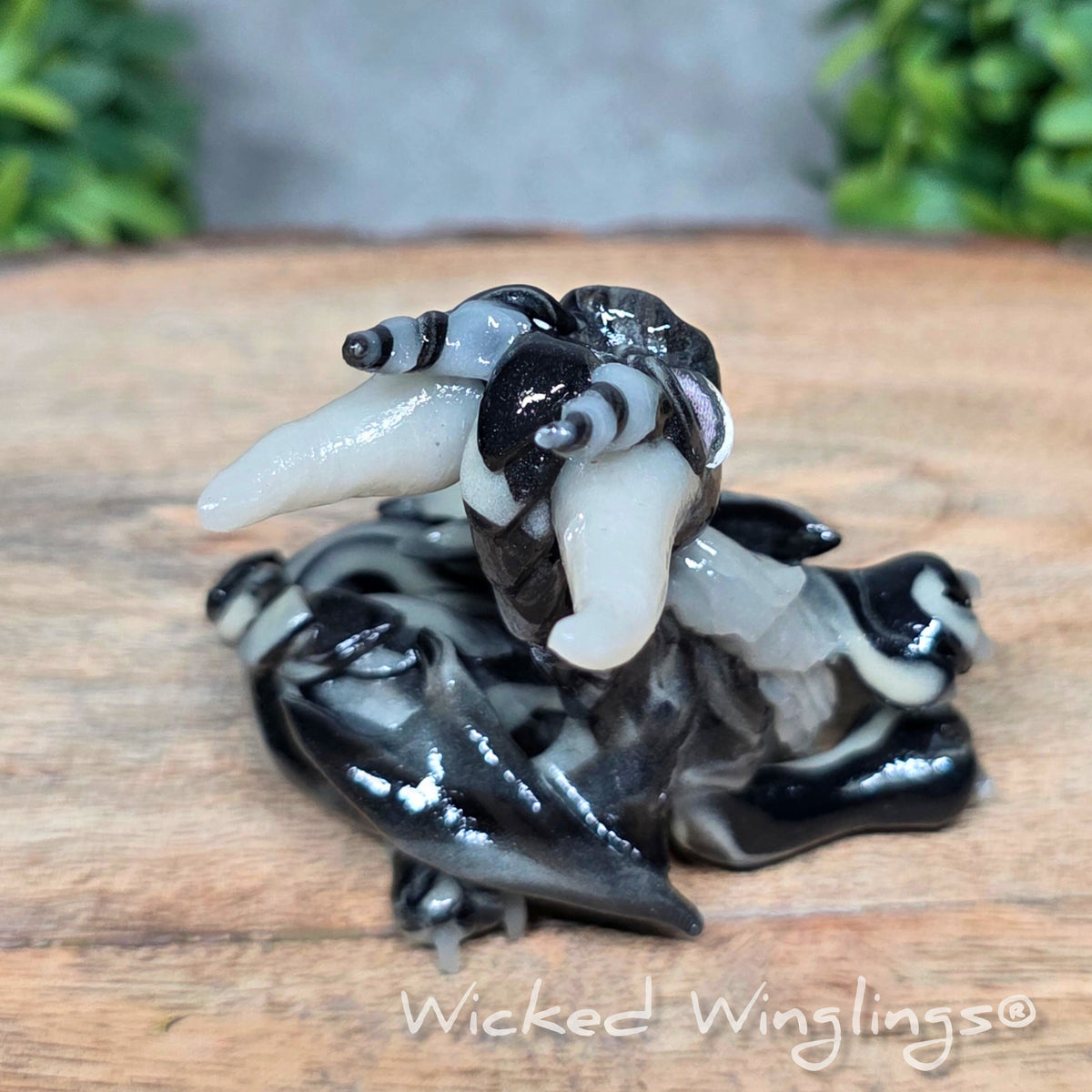 A clay dragon sitting on wood against a blurred background with greenery. Text says Wicked Winglings