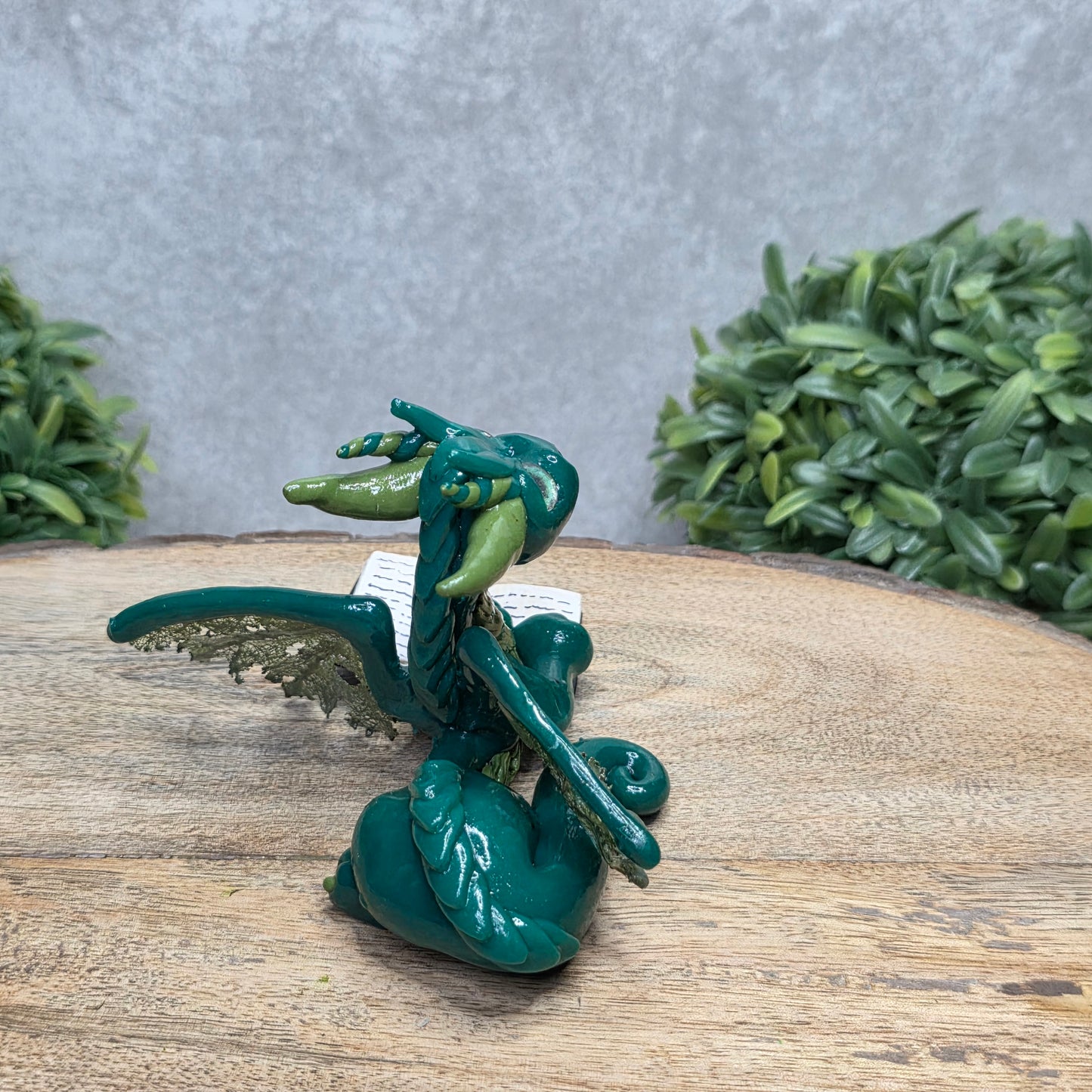 A dragon reading a book against a wood surface with greenery