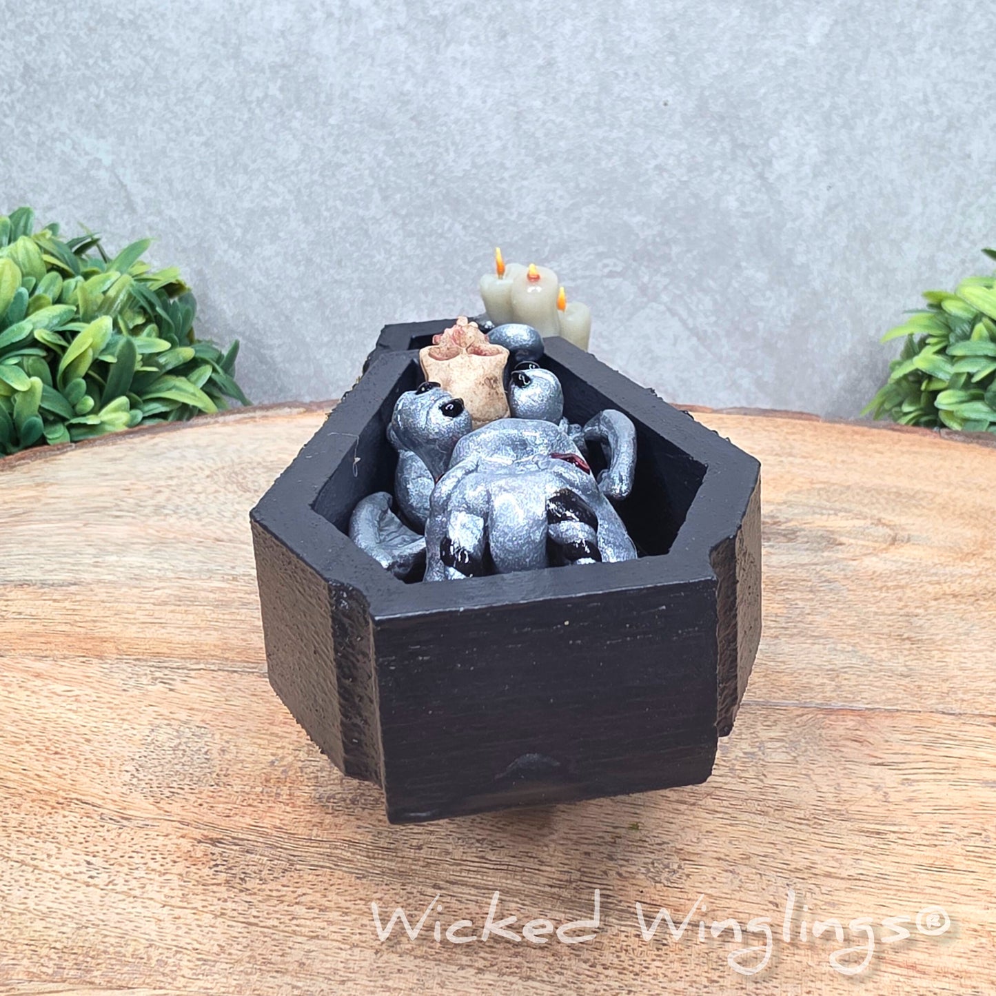 A clay dragon in a black wood coffin with candles and a skull on a wood surface with greenery. Includes text Wicked Winglings