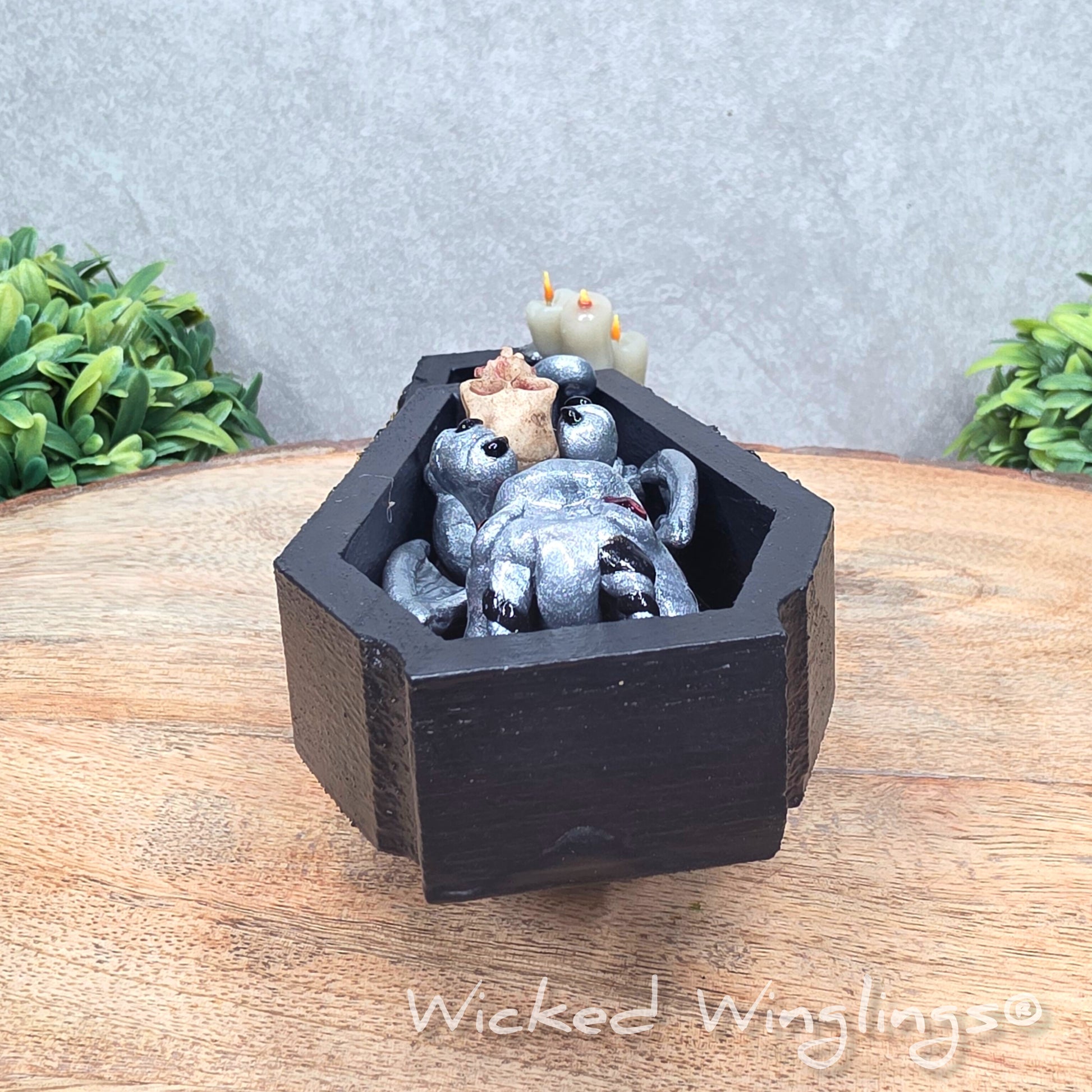 A clay dragon in a black wood coffin with candles and a skull on a wood surface with greenery. Includes text Wicked Winglings