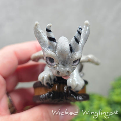 Top view of a hand holding a clay dragon with a cookie with a Wicked Winglings® watermark.