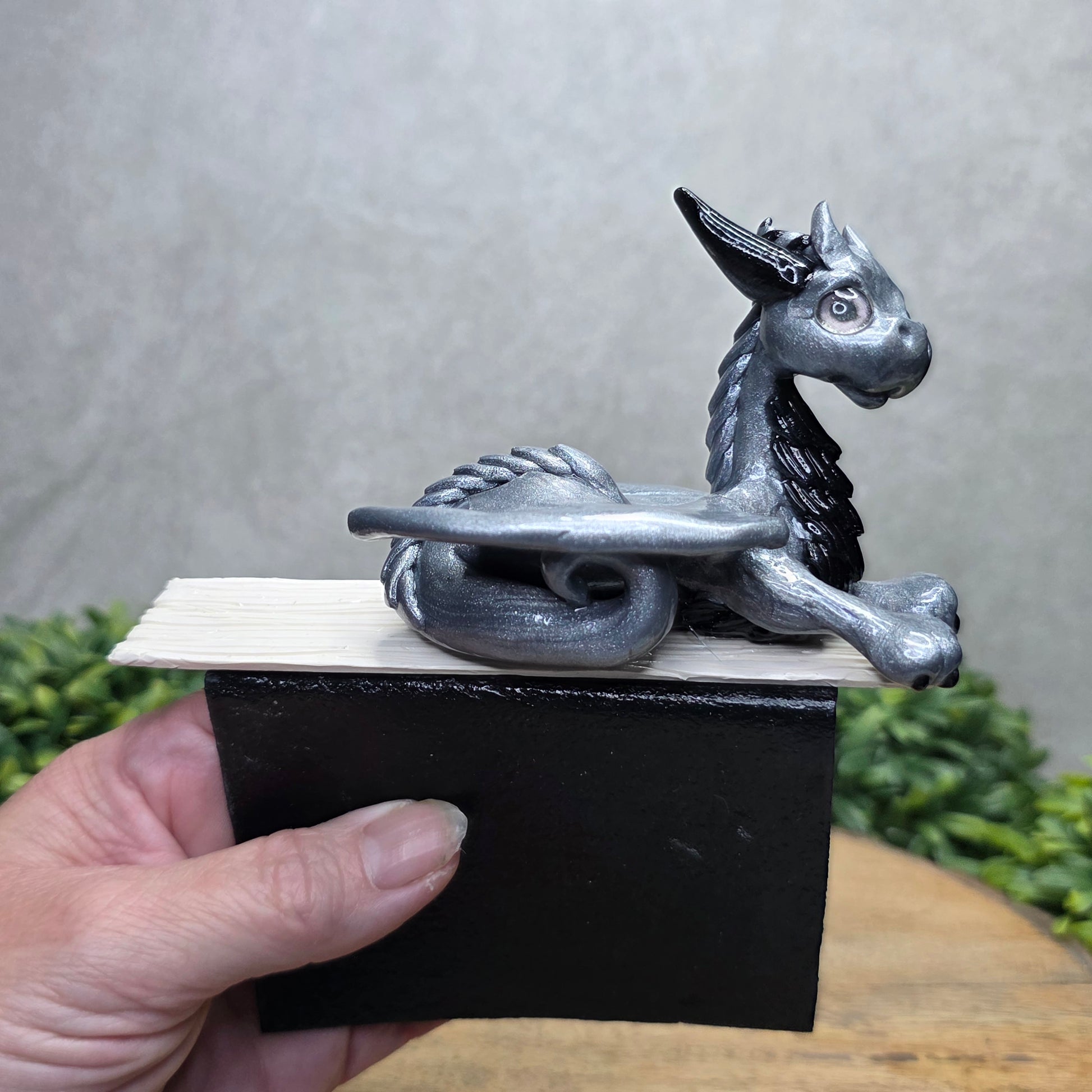 Hand holding a dragon book insert against a background with greenery