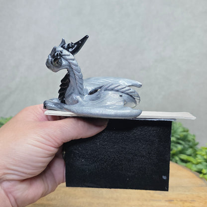 Hand holding a dragon book insert against a background with greenery