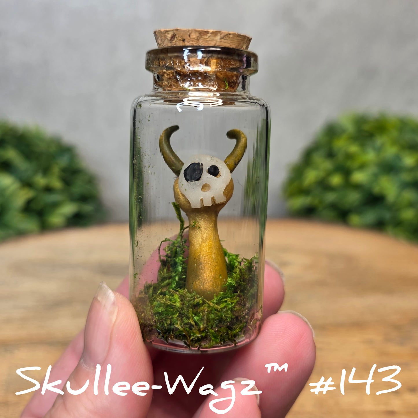 Hand holding a skull faced creature in a jar against a wood background with greenery