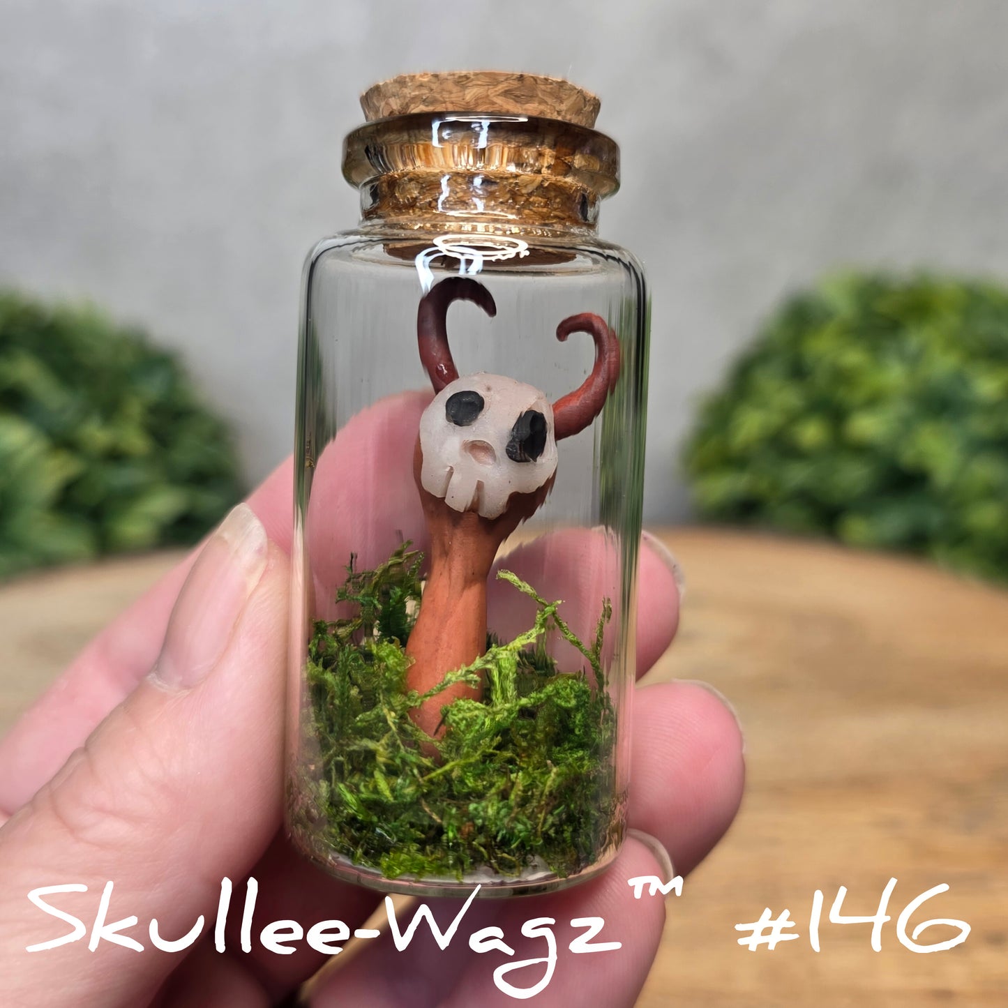 Hand holding a skull faced creature in a jar against a wood background with greenery