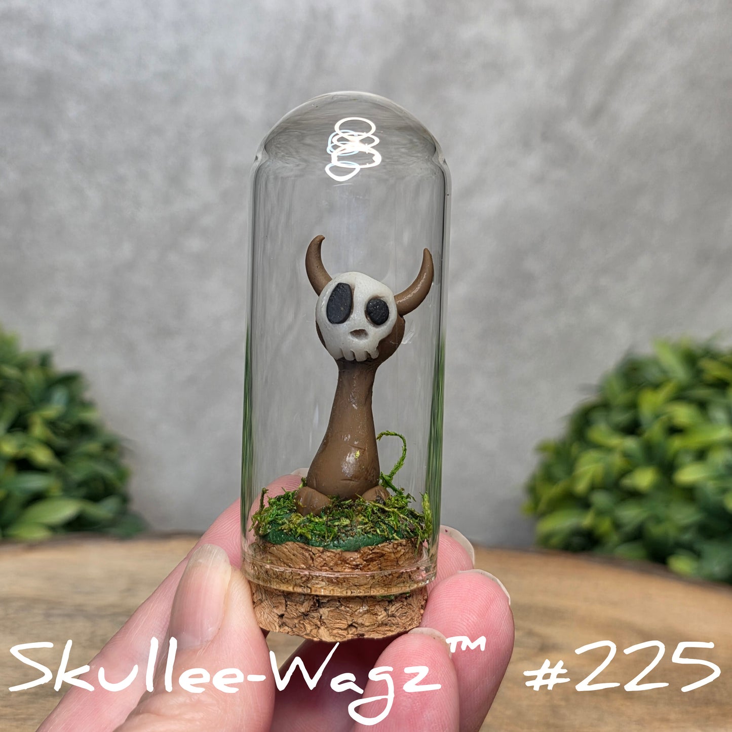 Glass dome with a skull faced creature and moss, held by a hand with a blurred green background.